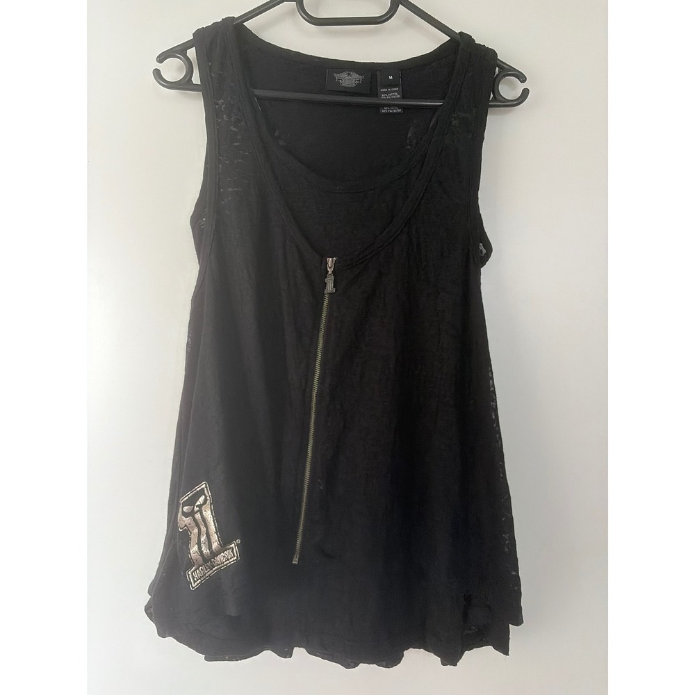 Harley-Davidson Womens Black Burnout Zip Front Racerback Tank Top Medium